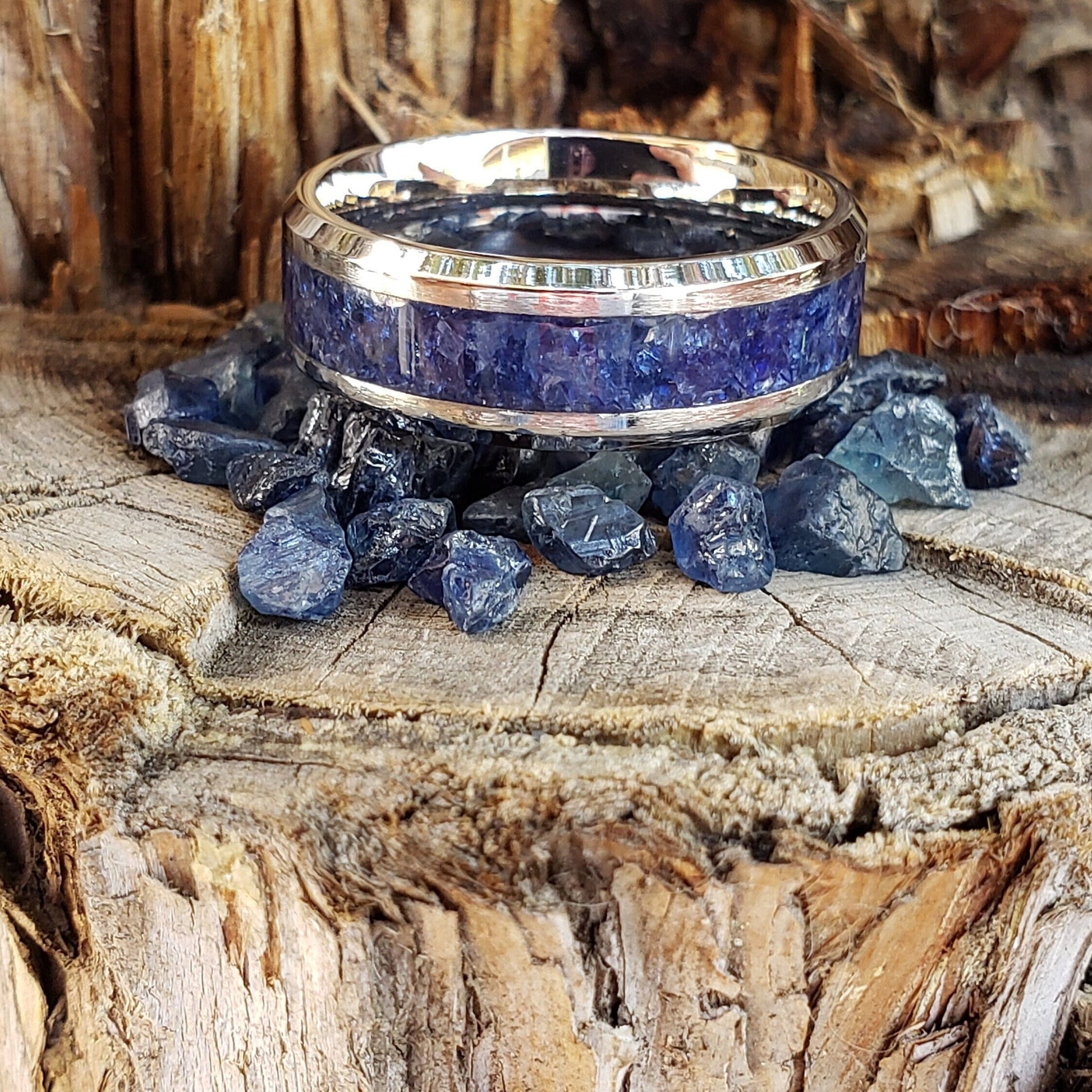 Wisdom Ring - Blue Sapphire Crystal Inlay, Tungsten Ceramic, Men Women, Wedding Ring, His Hers Promise, Engagement Ring 8mm 6mm
