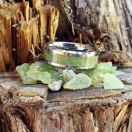 Hawaiian Tears Ring - Peridot Crystal Inlay, Tungsten Titanium Ceramic, Men Women, Wedding Ring, His Hers Promise, Engagement Ring 8mm 6mm