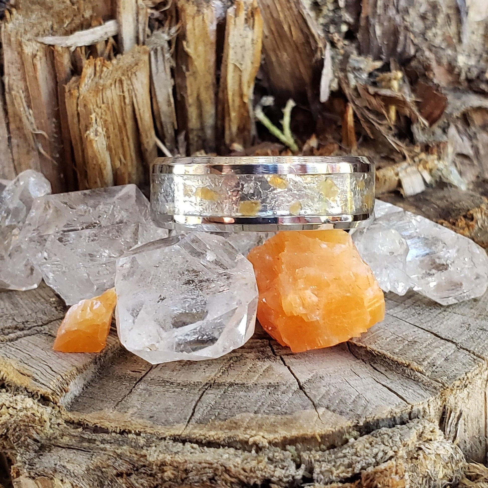 Sol Ring - Herkimer Diamond & Sunstone Crystal Inlay, Tungsten Titanium , Men Women, Wedding Ring, His Hers Promise, Engagement Ring 8mm 6mm