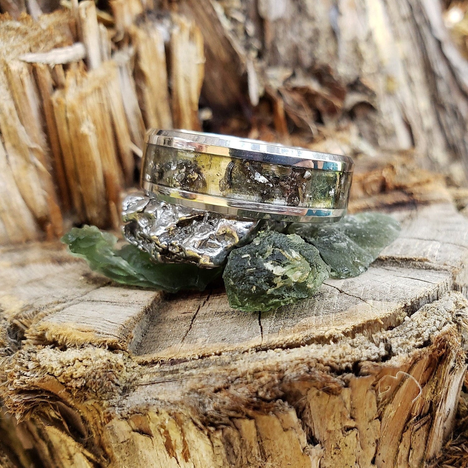 Impact Ring - Moldavite and Gibeon Meteorite Inlay Ring, Tungsten Titanium, Men & Women, Wedding Ring, His Hers Promise, Engagement Ring