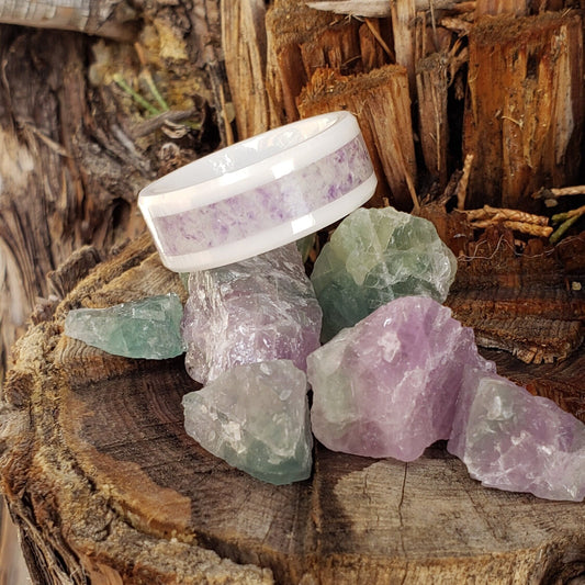 Rainbow Fluorite Crystal Inlay with Titanium, Tungsten, Black Ceramic, White Ceramic Band, 8mm