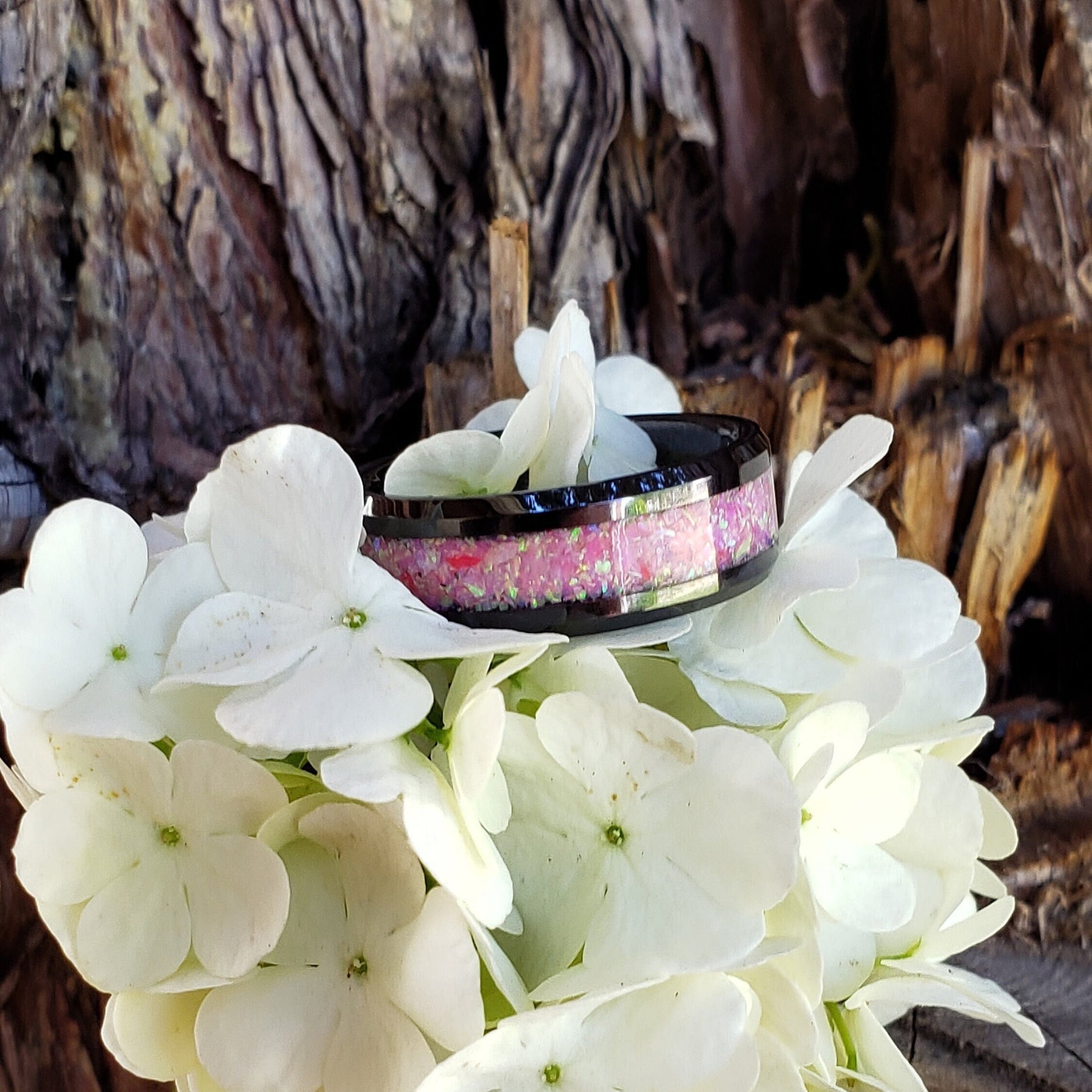 Pink Dream Opal Crystal Inlay Ring, Ceramic Band, Men & Women, Wedding Ring, His Hers Promise Ring, Engagement Ring