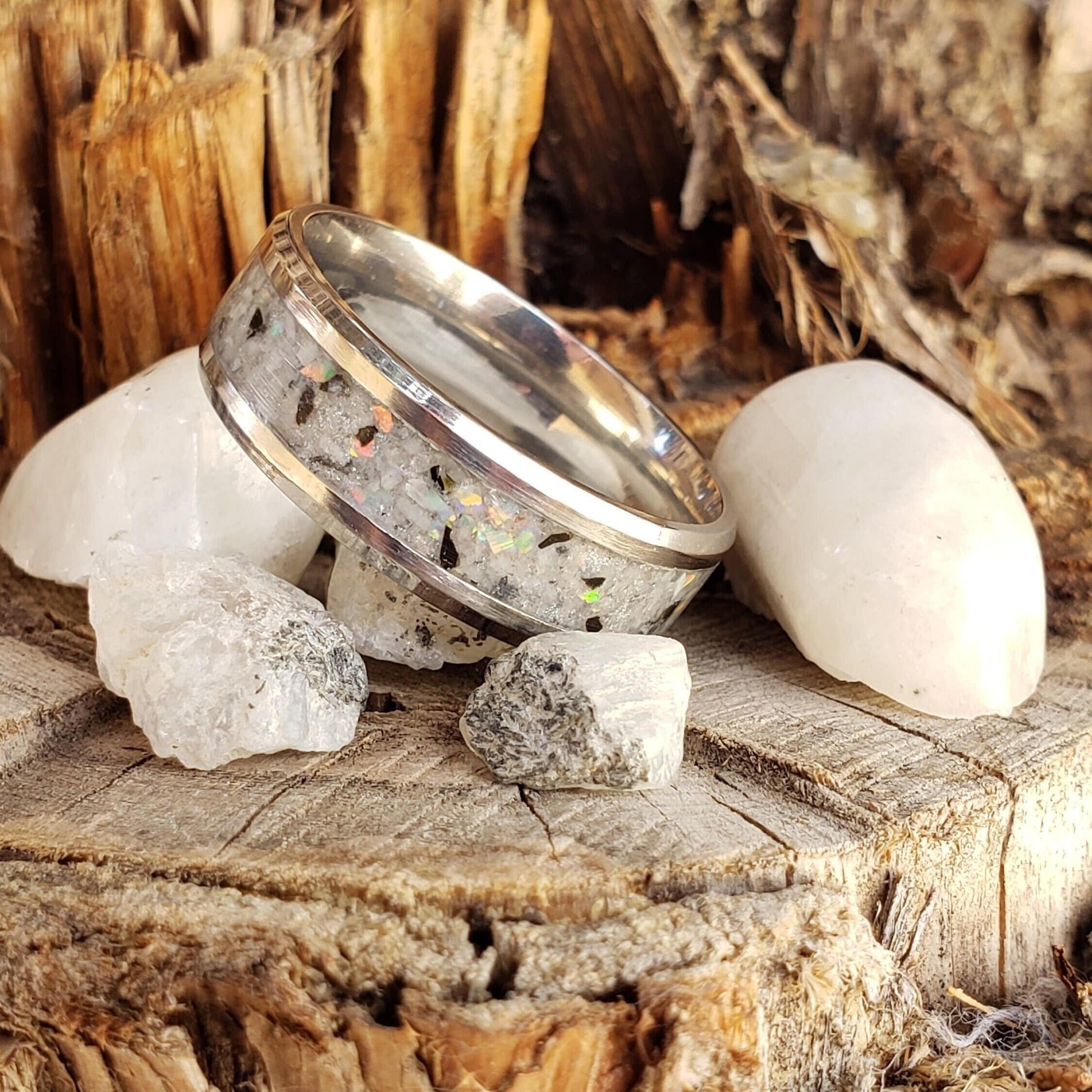 Moondust Ring - Rainbow Moonstone & Opal Crystal Inlay with Titanium, Tungsten, Black Ceramic, White Ceramic Band, 8mm