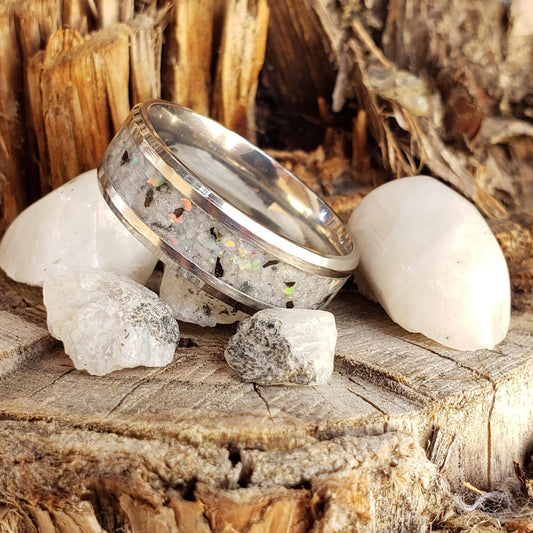 Moondust Ring - Rainbow Moonstone & Opal Crystal Inlay with Titanium, Tungsten, Black Ceramic, White Ceramic Band, 8mm