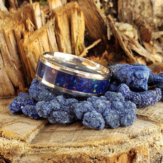 Deep Blue Ring - Azurite & Opal Crystal Inlay with Titanium, Tungsten, Black Ceramic, White Ceramic Band, 8mm
