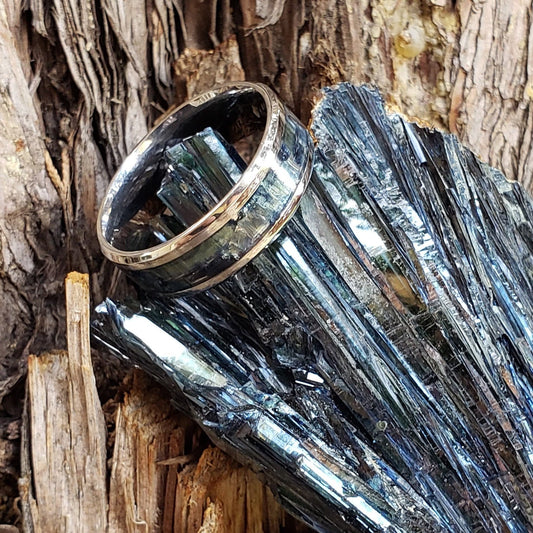 Necro Ring - Vivianite Crystal Inlay Ring, Tungsten Titanium Ceramic, Men Women, Wedding, His Hers Promise, Engagement Rings 8mm 6mm