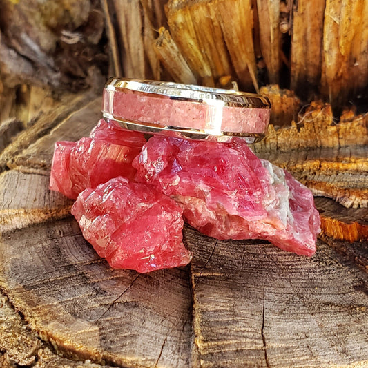 Rose Ring - Rhodonite Crystal Inlay, Tungsten Titanium Ceramic, Men Women, Wedding Ring, His Hers Promise, Engagement Rings 8mm 6mm