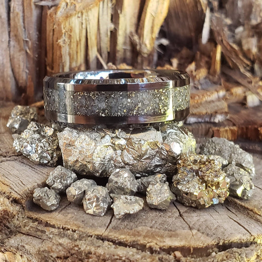 Milky Way Glow Ring - Pyrite & Glow Stone Crystal Inlay Ring, Tungsten Titanium Ceramic, Men Women, Wedding, His Hers Promise, Engagement