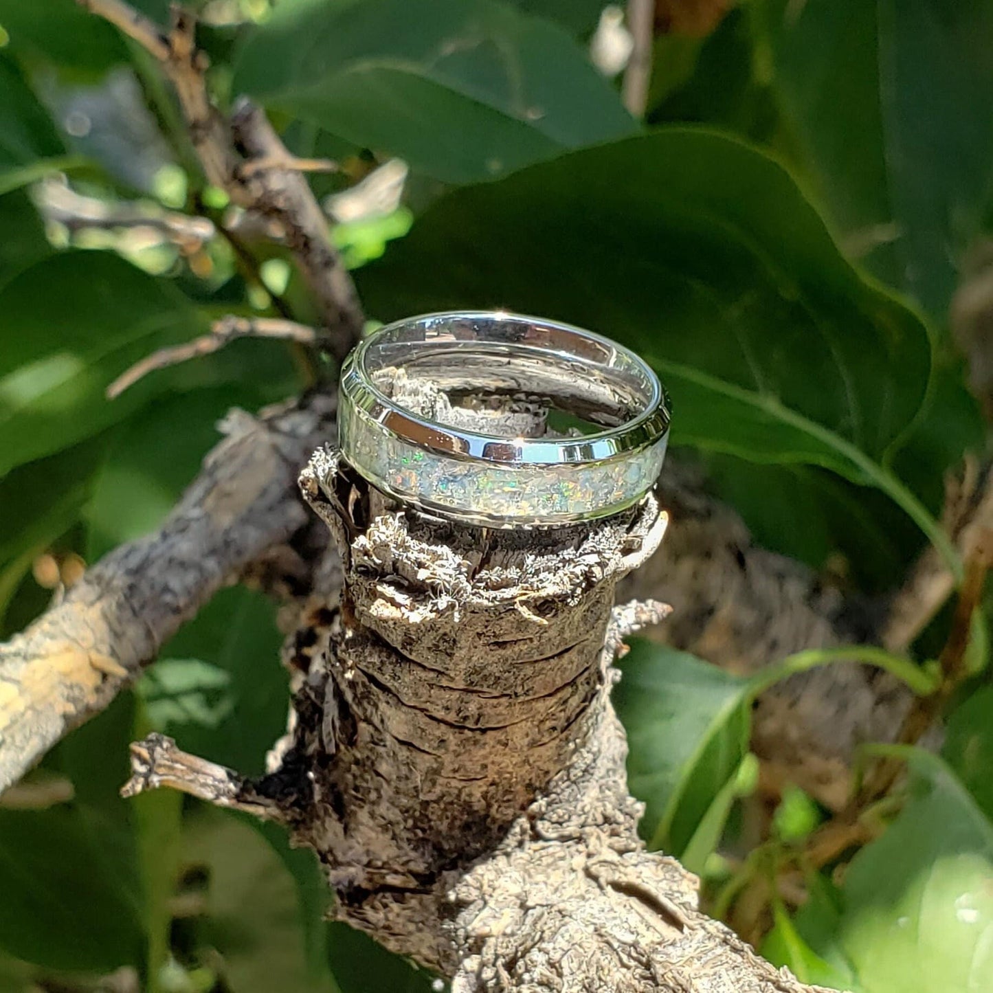 Mystic Fire Ring - Ethiopian Opal Crystal Inlay Ring, Tungsten Ceramic, Men Women, Wedding Ring, His Hers Promise, Engagement Ring 8mm 6mm