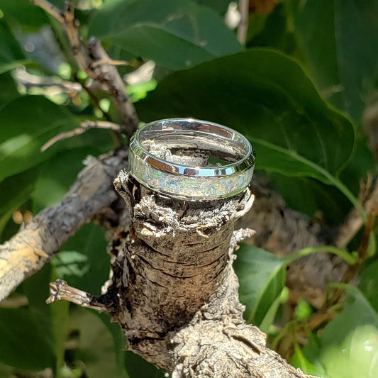 Mystic Fire Ring - Ethiopian Opal Crystal Inlay Ring, Tungsten Ceramic, Men Women, Wedding Ring, His Hers Promise, Engagement Ring 8mm 6mm