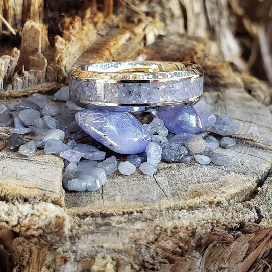 Ancient Ring - Tanzanite Crystal Inlay Ring, Tungsten Titanium Ceramic, Men Women, Wedding Ring, His Hers Promise, Engagement Rings 8mm 6mm