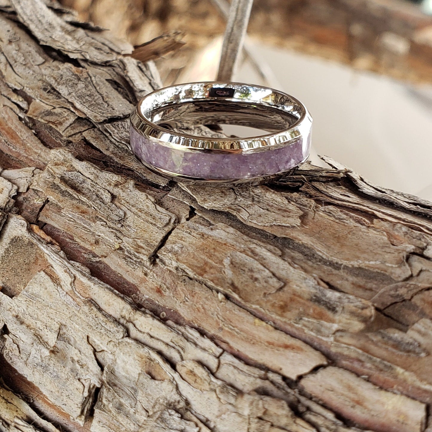 Lilac Ring - Lepidolite Crystal Inlay, Tungsten Titanium Ceramic, Men Women, Wedding Ring, His Hers Promise, Engagement Ring 8mm 6mm