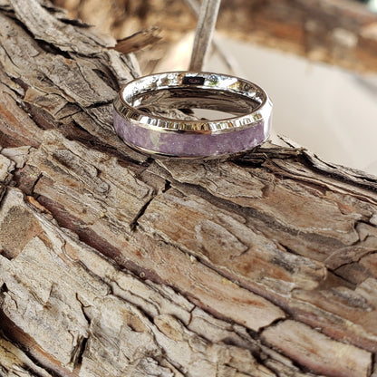 Lilac Ring - Lepidolite Crystal Inlay, Tungsten Titanium Ceramic, Men Women, Wedding Ring, His Hers Promise, Engagement Ring 8mm 6mm