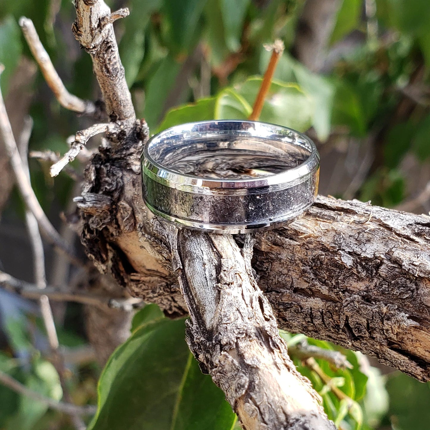 Apache Tears Ring - Crystal Inlay, Tungsten Titanium Ceramic, Men Women, Wedding Ring, His Hers Promise, Engagement Ring 8mm 6mm