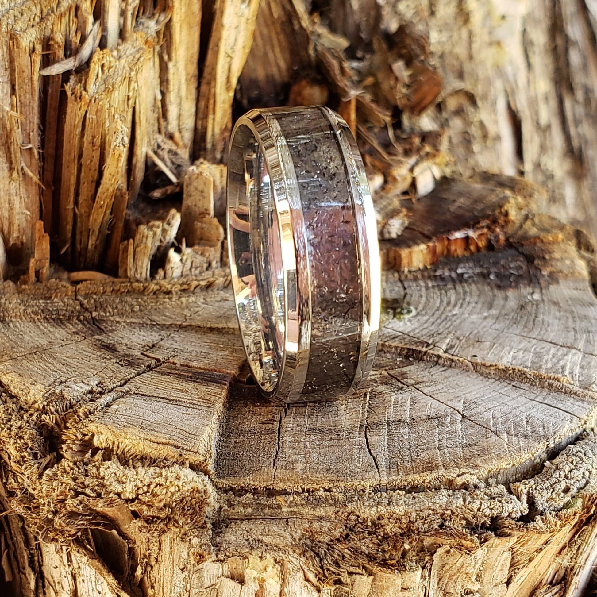 Apache Tears Ring - Crystal Inlay, Tungsten Titanium Ceramic, Men Women, Wedding Ring, His Hers Promise, Engagement Ring 8mm 6mm