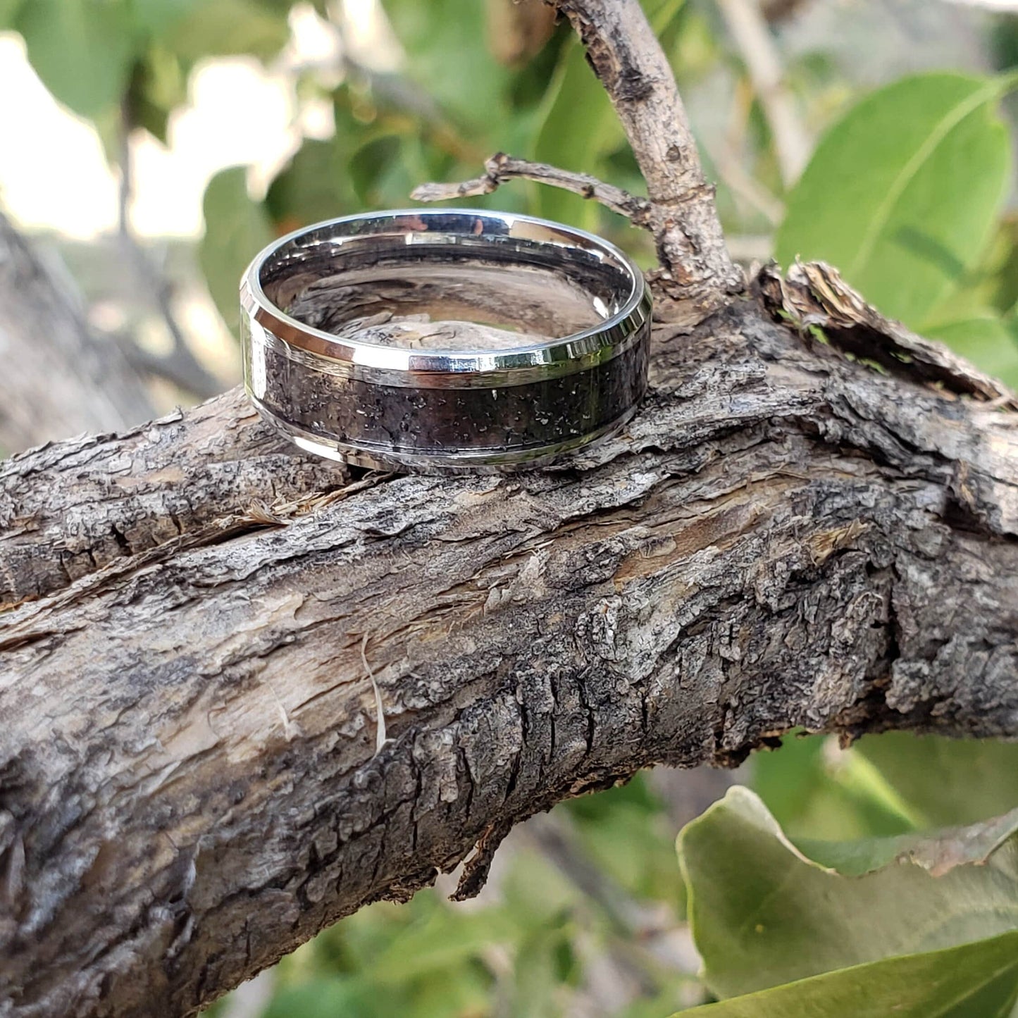 Apache Tears Ring - Crystal Inlay, Tungsten Titanium Ceramic, Men Women, Wedding Ring, His Hers Promise, Engagement Ring 8mm 6mm