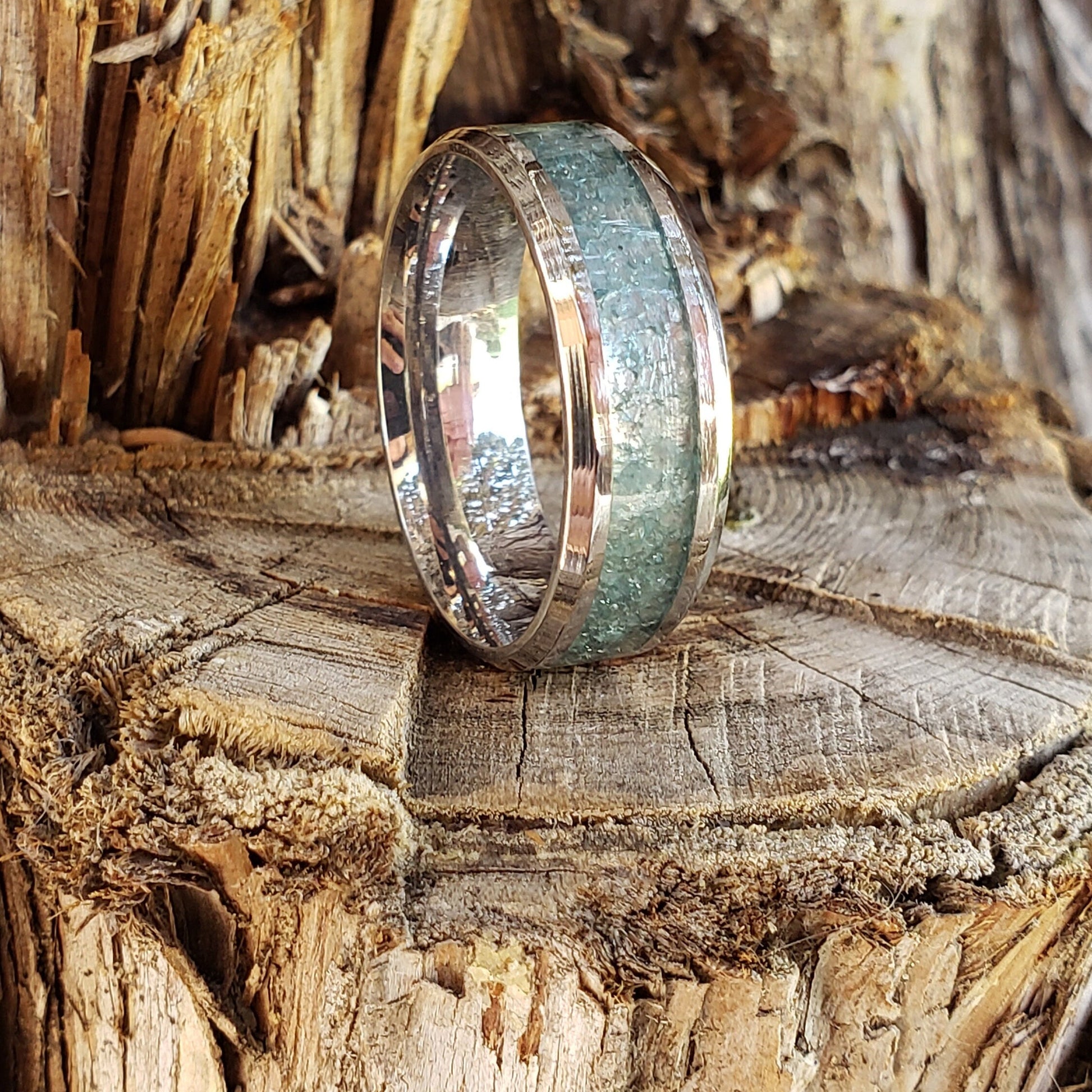 Open Sea Ring - Aquamarine Crystal Inlay, Tungsten Titanium Ceramic, Men Women, Wedding Ring, His Hers Promise, Engagement Ring 8mm 6mm