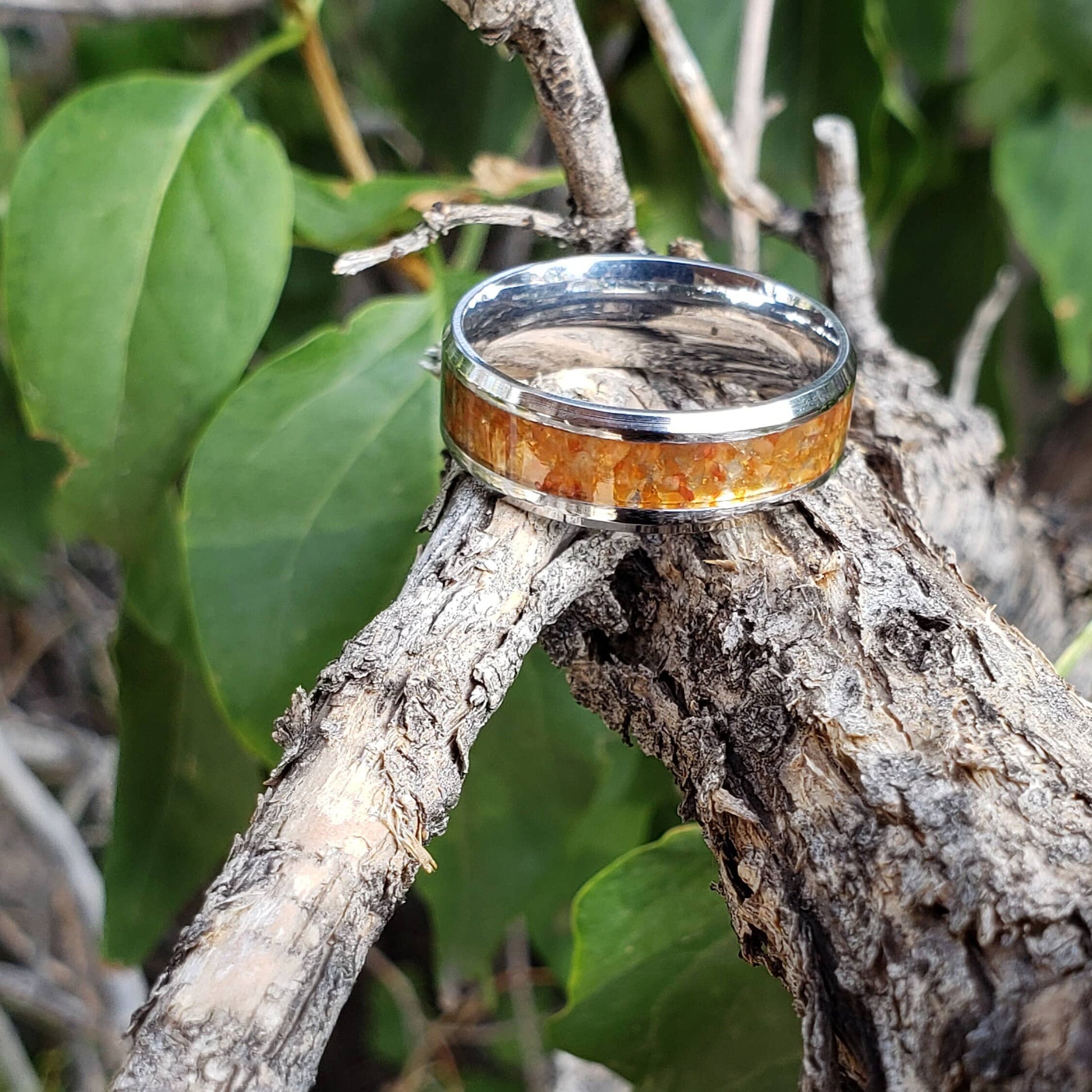Wildfire Ring - Carnelian Crystal Inlay, Tungsten Titanium Ceramic, Men Women, Wedding Ring, His Hers Promise, Engagement Ring 8mm 6mm