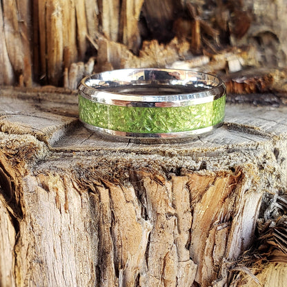 Ecto Ring - Green Apatite Crystal Inlay, Tungsten Titanium Ceramic, Men Women, Wedding Ring, His Hers Promise, Engagement Ring 8mm 6mm