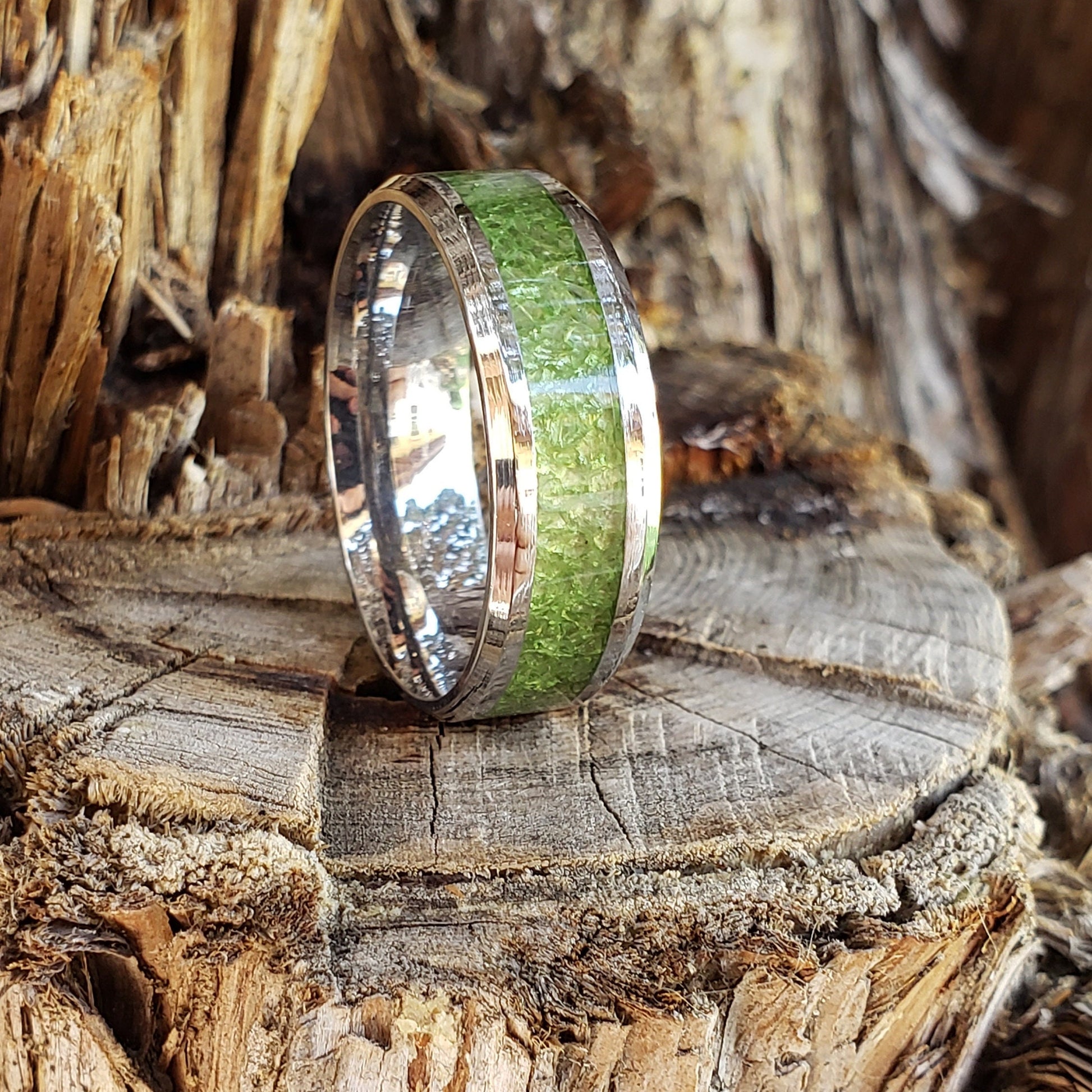 Ecto Ring - Green Apatite Crystal Inlay, Tungsten Titanium Ceramic, Men Women, Wedding Ring, His Hers Promise, Engagement Ring 8mm 6mm