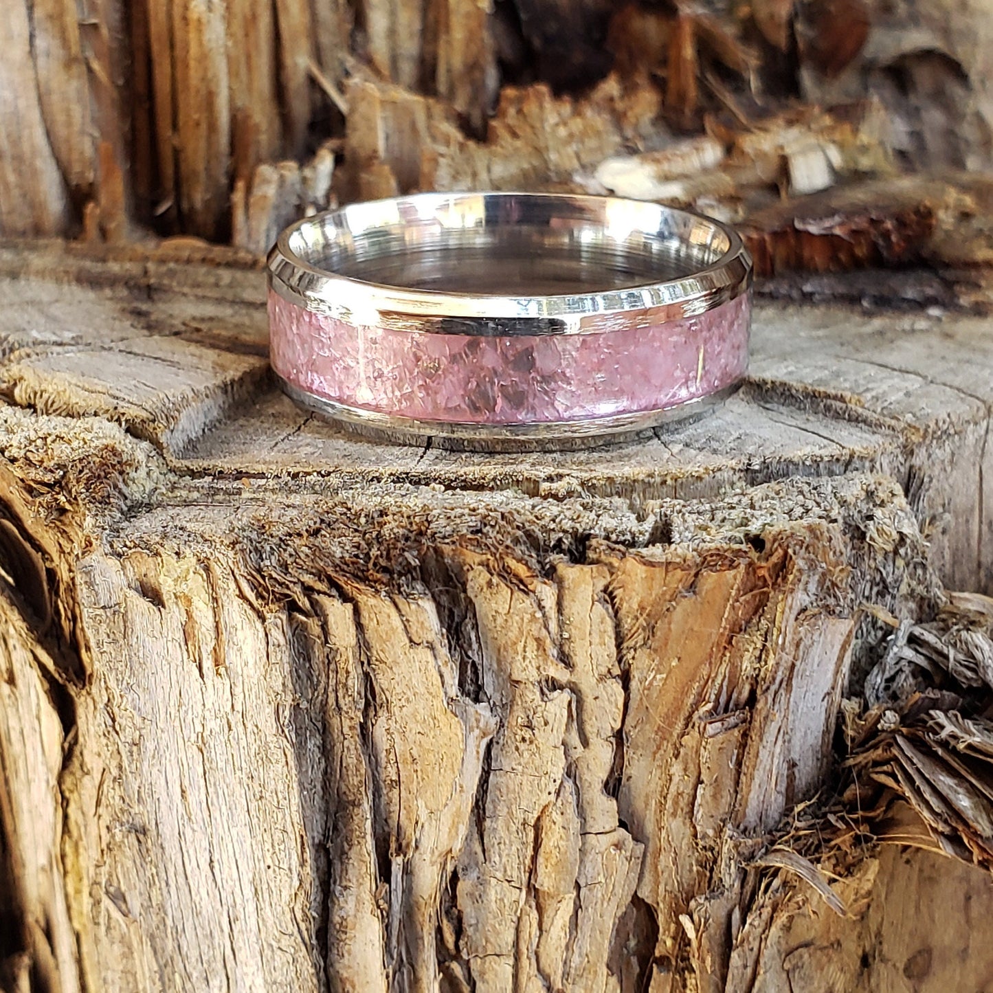 Pure Love Ring - Rose Quartz Crystal Inlay, Tungsten Titanium Ceramic, Men Women, Wedding Ring, His Hers Promise, Engagement Ring 8mm 6mm