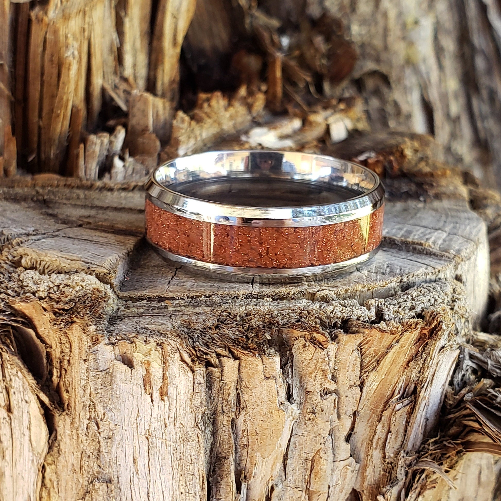 Golden Sands Ring - Goldstone Crystal Inlay, Tungsten Titanium Ceramic, Men Women, Wedding Ring, His Hers Promise, Engagement Ring 8mm 6mm