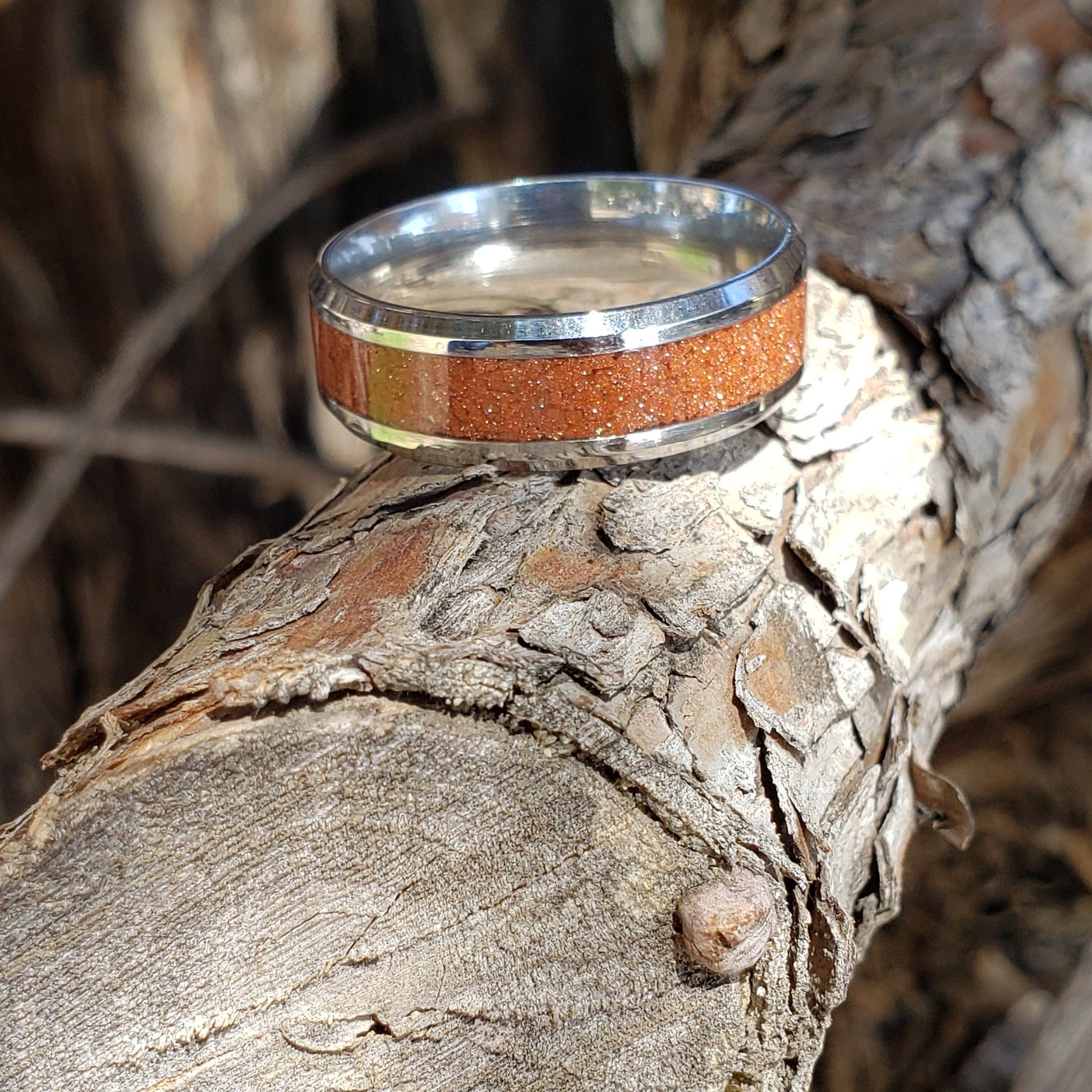 Golden Sands Ring - Goldstone Crystal Inlay, Tungsten Titanium Ceramic, Men Women, Wedding Ring, His Hers Promise, Engagement Ring 8mm 6mm