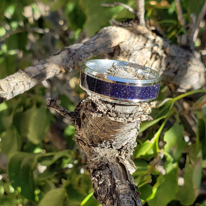 Nebula Ring - Blue Goldstone Crystal Inlay, Tungsten Titanium Ceramic, Men Women, Wedding Ring, His Hers Promise, Engagement Ring 8mm 6mm