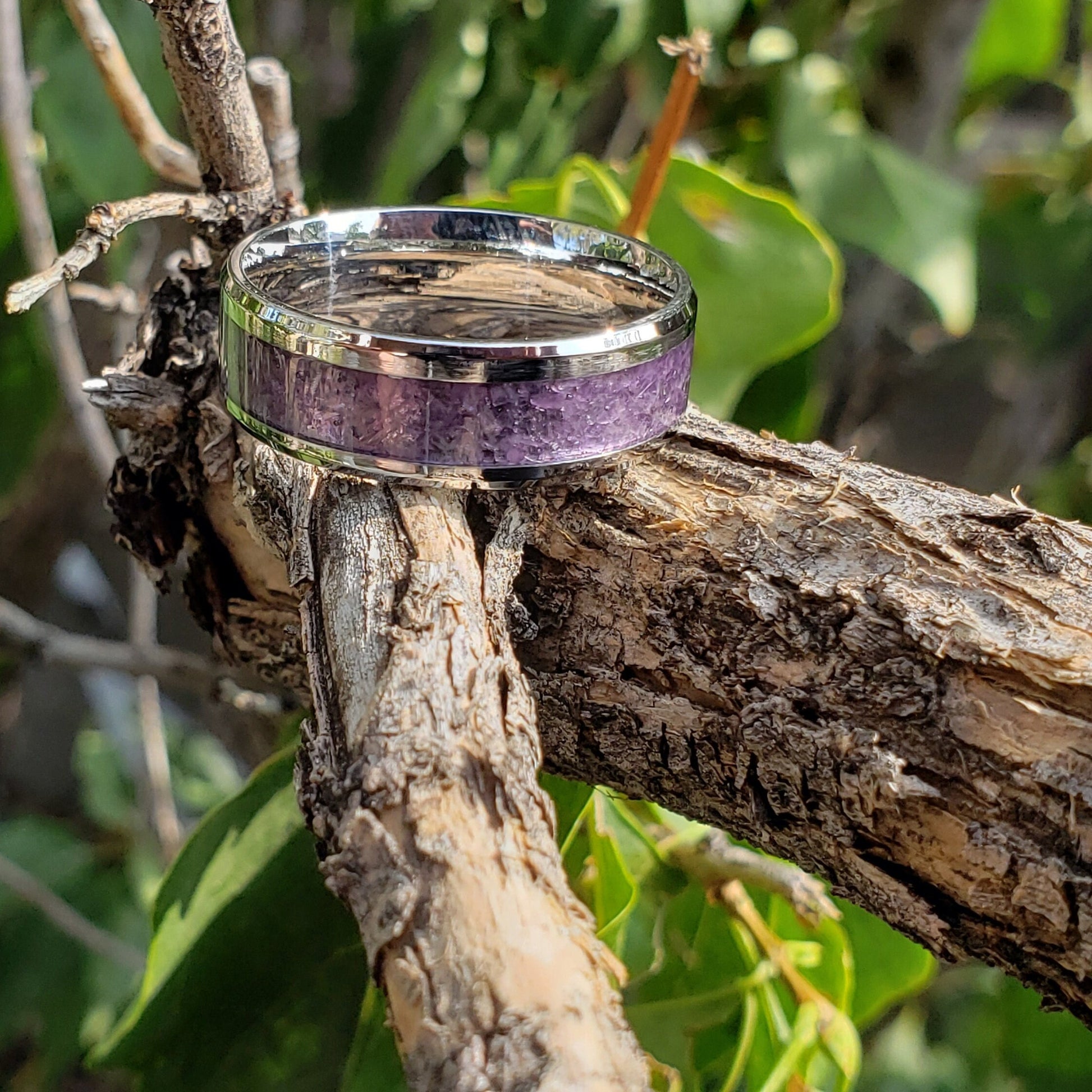 Serenity Ring - Amethyst Crystal Inlay, Tungsten Titanium Ceramic, Men Women, Wedding Ring, His Hers Promise, Engagement Ring 8mm 6mm