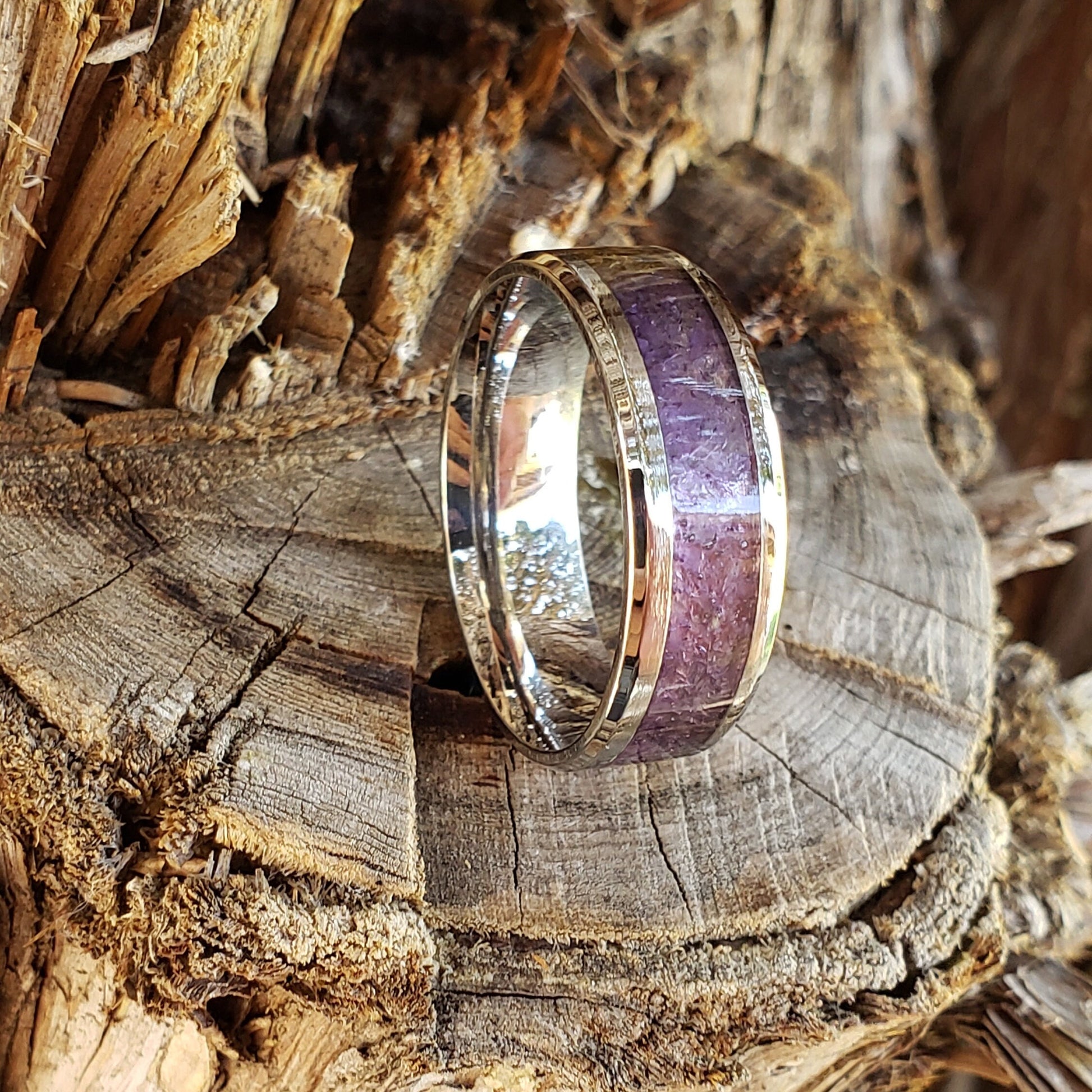 Serenity Ring - Amethyst Crystal Inlay, Tungsten Titanium Ceramic, Men Women, Wedding Ring, His Hers Promise, Engagement Ring 8mm 6mm