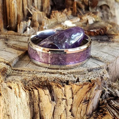 Serenity Ring - Amethyst Crystal Inlay, Tungsten Titanium Ceramic, Men Women, Wedding Ring, His Hers Promise, Engagement Ring 8mm 6mm