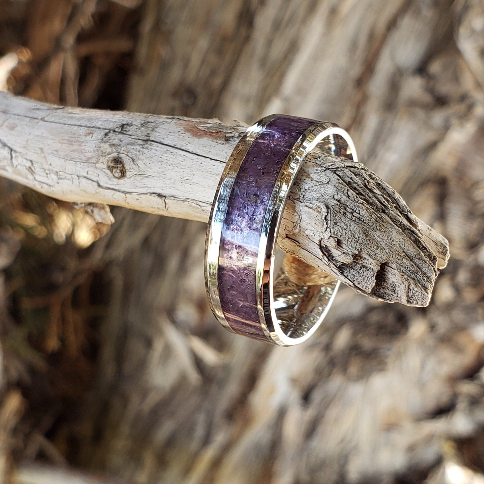Serenity Ring - Amethyst Crystal Inlay, Tungsten Titanium Ceramic, Men Women, Wedding Ring, His Hers Promise, Engagement Ring 8mm 6mm