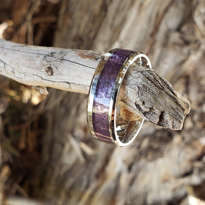 Serenity Ring - Amethyst Crystal Inlay, Tungsten Titanium Ceramic, Men Women, Wedding Ring, His Hers Promise, Engagement Ring 8mm 6mm