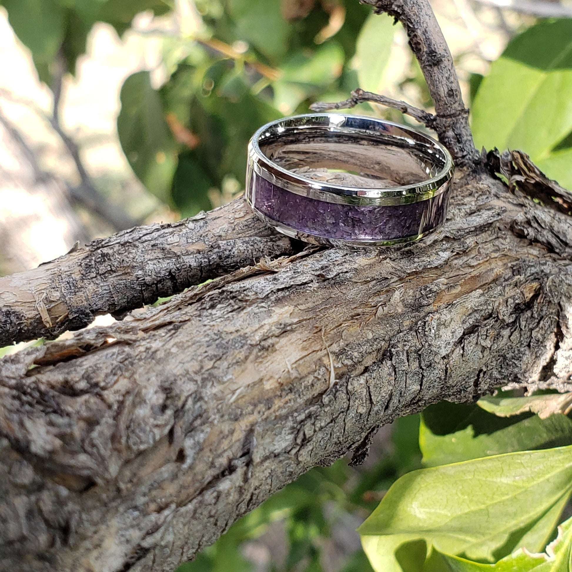Serenity Ring - Amethyst Crystal Inlay, Tungsten Titanium Ceramic, Men Women, Wedding Ring, His Hers Promise, Engagement Ring 8mm 6mm
