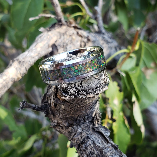Nightfire Ring - Black Opal Crystal Inlay, Tungsten Titanium Ceramic, Men Women, Wedding Ring, His Hers Promise, Engagement Ring 8mm 6mm
