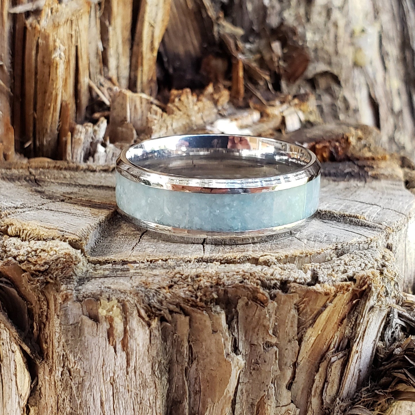 Sky Blue Ring - Blue Aragonite Crystal Inlay, Tungsten Titanium Ceramic, Men Women, Wedding Ring, His Hers Promise, Engagement Ring 8mm 6mm