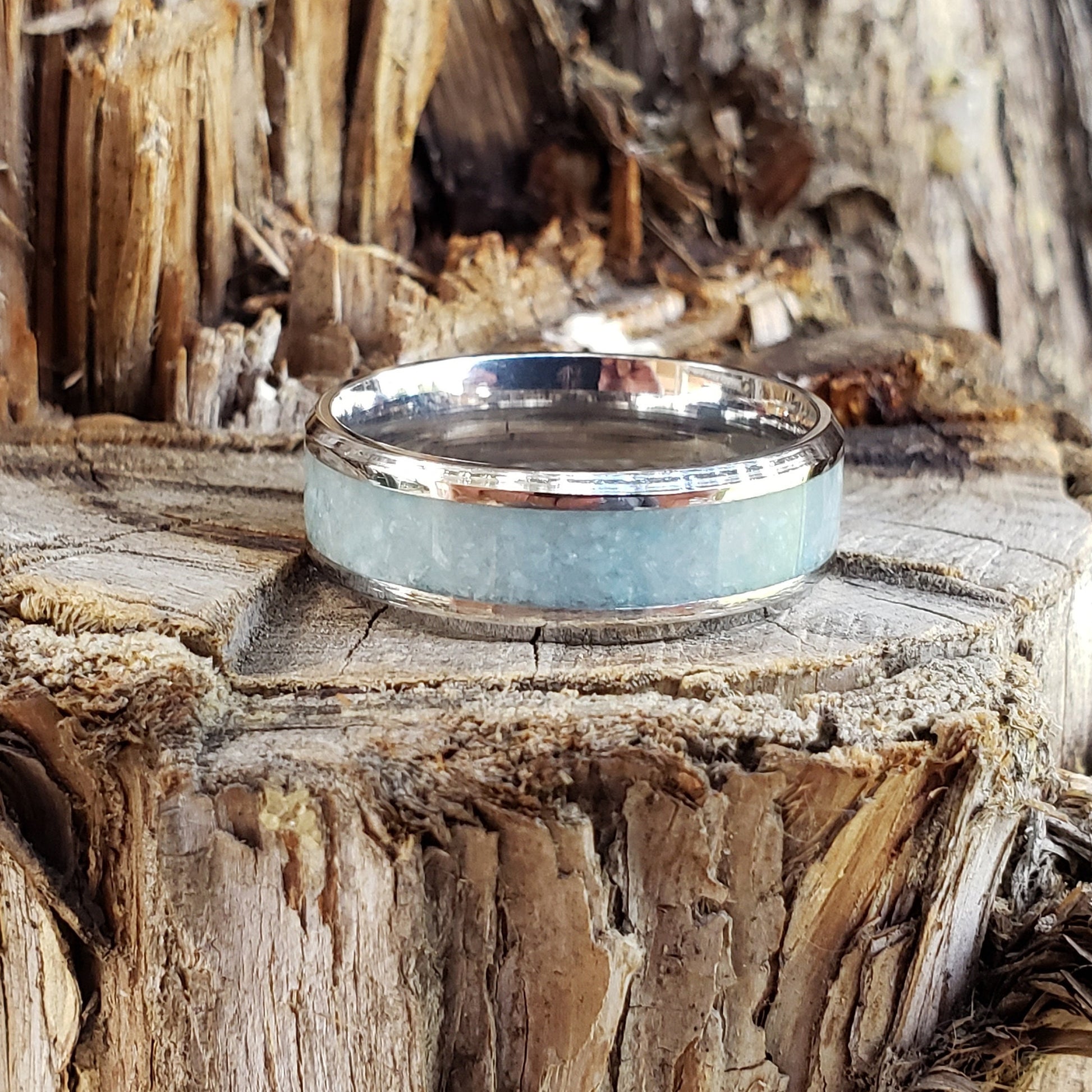 Sky Blue Ring - Blue Aragonite Crystal Inlay, Tungsten Titanium Ceramic, Men Women, Wedding Ring, His Hers Promise, Engagement Ring 8mm 6mm