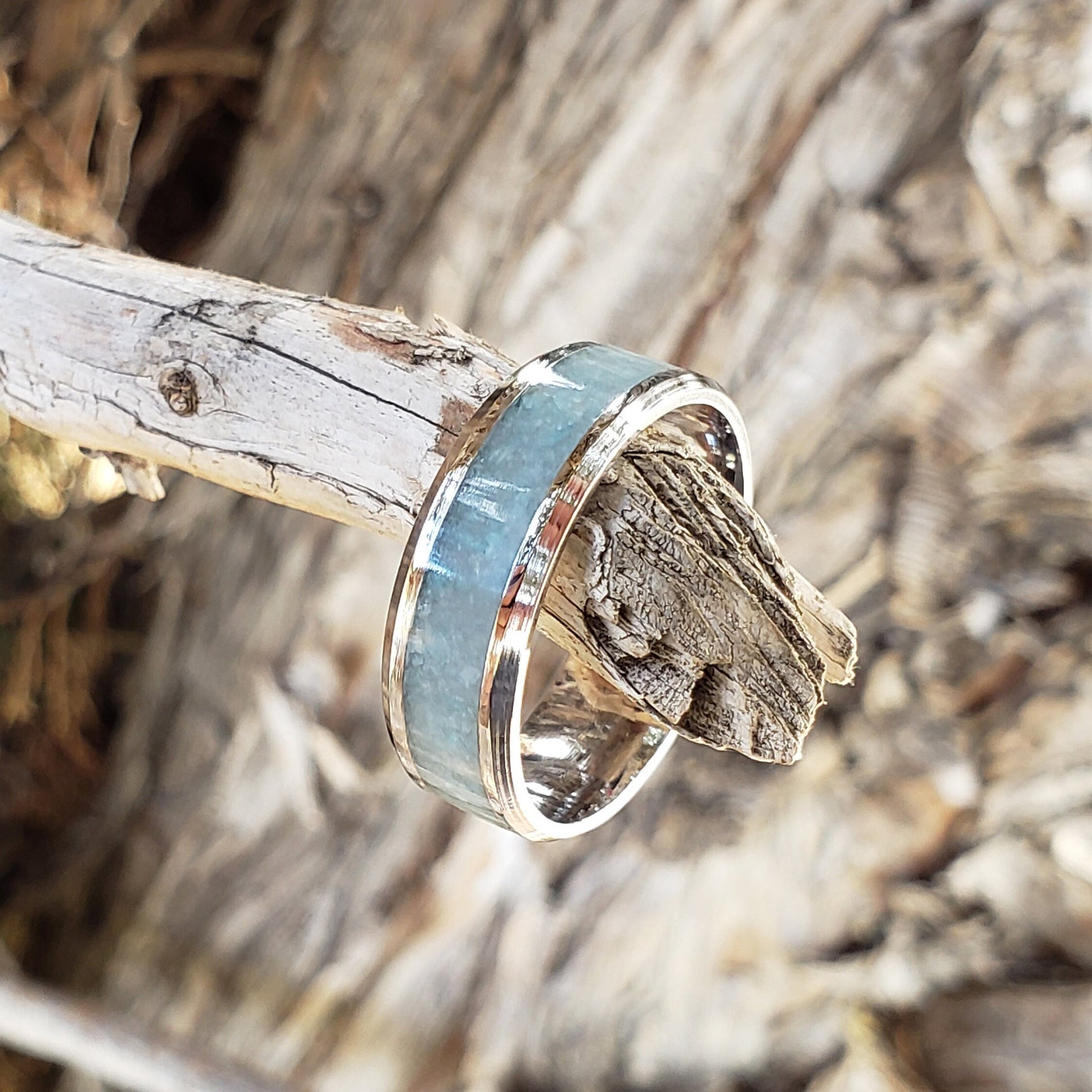 Sky Blue Ring - Blue Aragonite Crystal Inlay, Tungsten Titanium Ceramic, Men Women, Wedding Ring, His Hers Promise, Engagement Ring 8mm 6mm