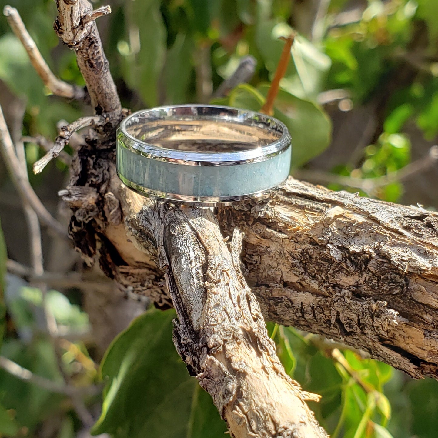 Sky Blue Ring - Blue Aragonite Crystal Inlay, Tungsten Titanium Ceramic, Men Women, Wedding Ring, His Hers Promise, Engagement Ring 8mm 6mm