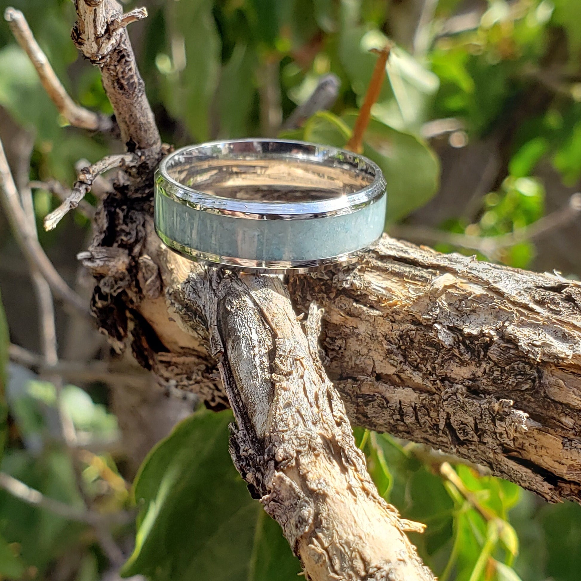 Sky Blue Ring - Blue Aragonite Crystal Inlay, Tungsten Titanium Ceramic, Men Women, Wedding Ring, His Hers Promise, Engagement Ring 8mm 6mm