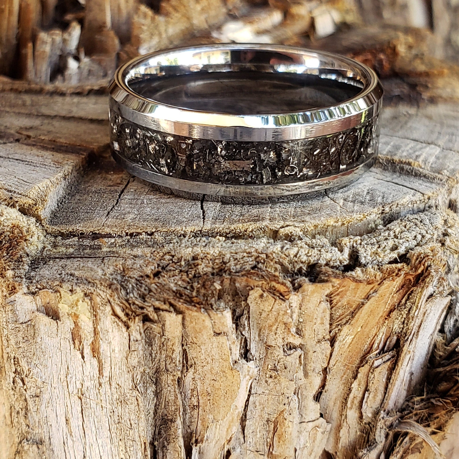 Iron Sky Ring - Gibeon Meteorite Inlay, Tungsten Titanium Ceramic, Men Women, Wedding Ring, His Hers Promise, Engagement Ring 8mm 6mm