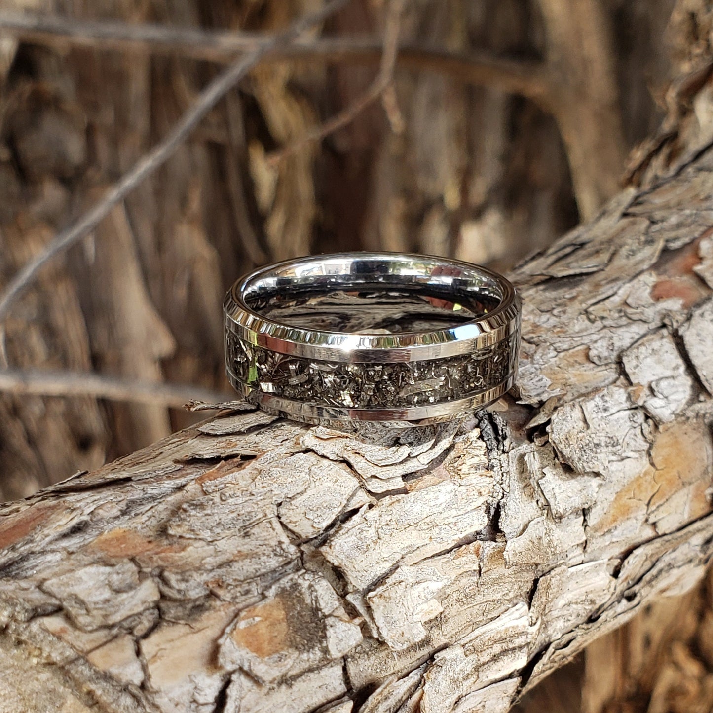 Iron Sky Ring - Gibeon Meteorite Inlay, Tungsten Titanium Ceramic, Men Women, Wedding Ring, His Hers Promise, Engagement Ring 8mm 6mm
