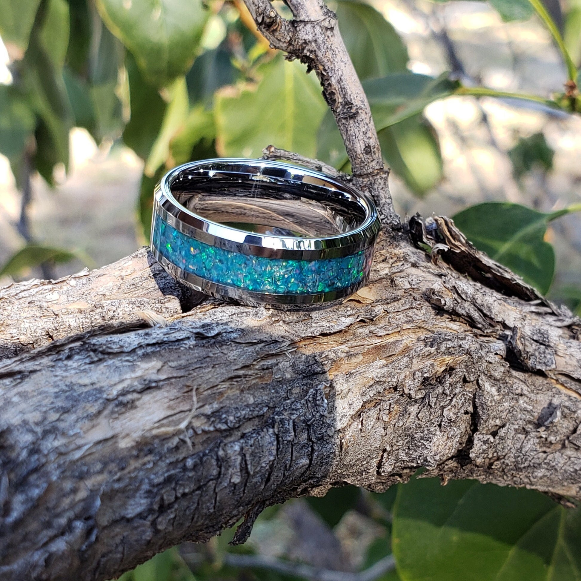 Blue Star Ring - Blue Opal Crystal Inlay, Tungsten Titanium Ceramic, Men Women, Wedding Ring, His Hers Promise, Engagement Ring 8mm 6mm