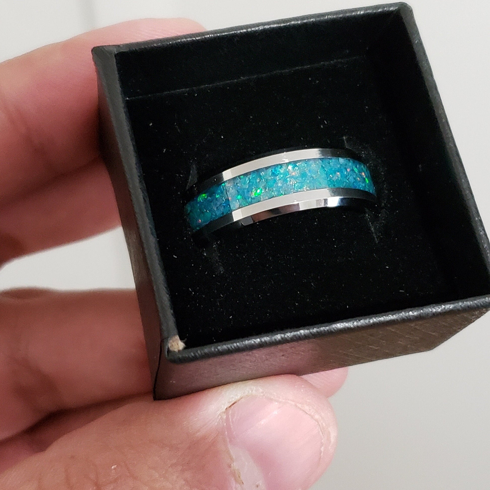 Blue Star Ring - Blue Opal Crystal Inlay, Tungsten Titanium Ceramic, Men Women, Wedding Ring, His Hers Promise, Engagement Ring 8mm 6mm
