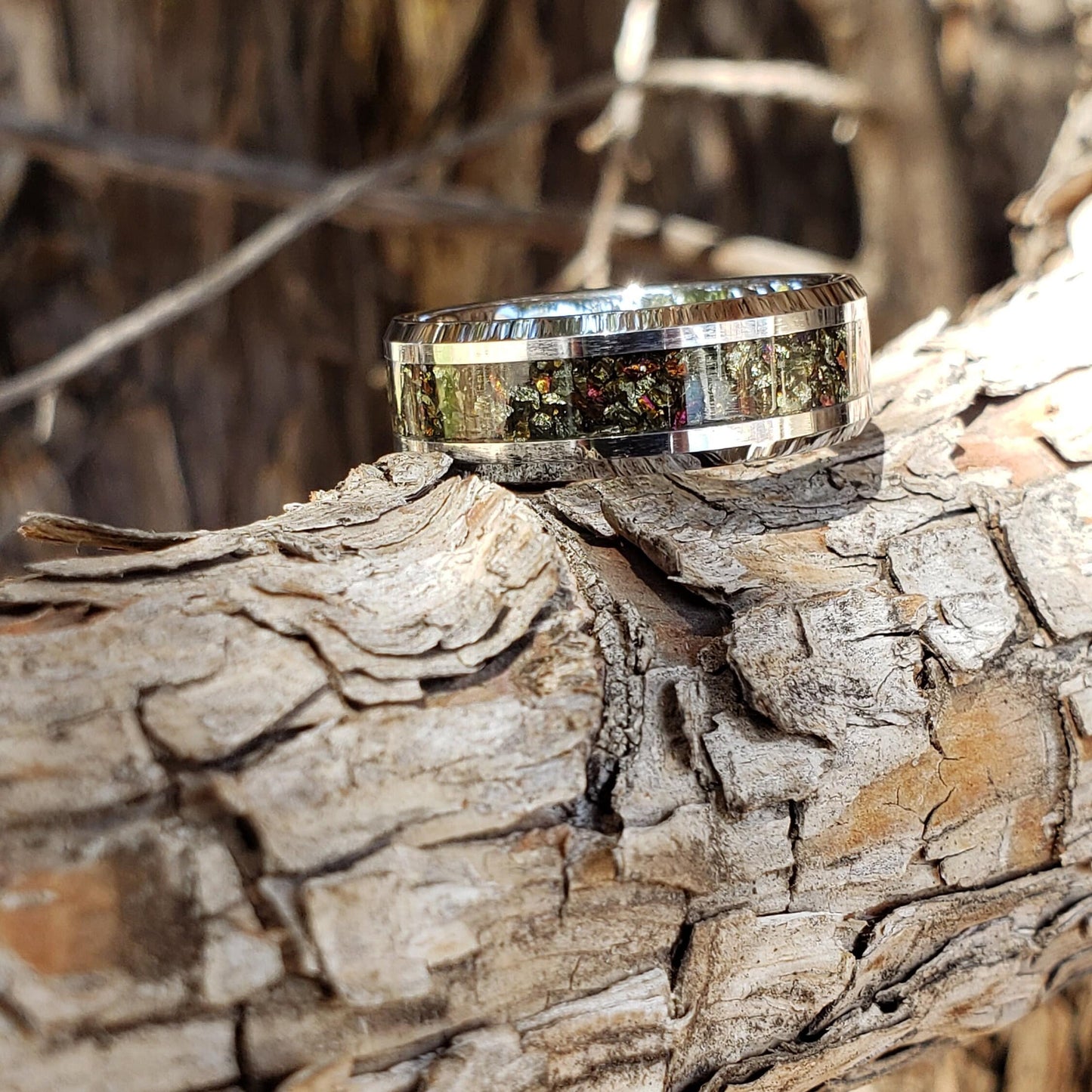 Rainbow Gold Ring - Chalcopyrite Crystal Inlay, Tungsten Titanium Ceramic, Men Women, Wedding Ring, His Hers Promise Engagement Ring 8mm 6mm