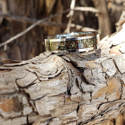 Rainbow Gold Ring - Chalcopyrite Crystal Inlay, Tungsten Titanium Ceramic, Men Women, Wedding Ring, His Hers Promise Engagement Ring 8mm 6mm
