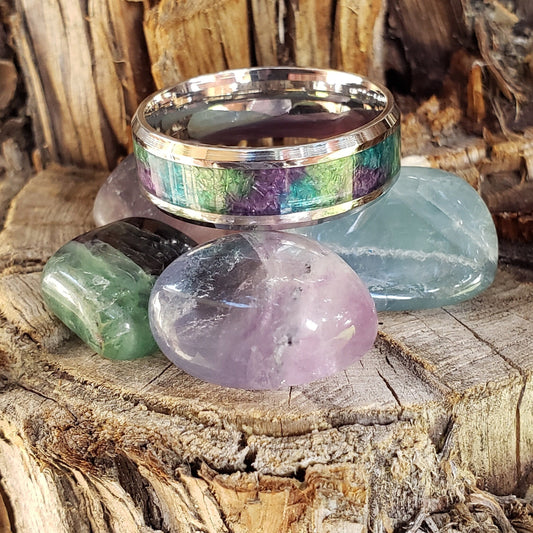 Clarity Ring - Rainbow Fluorite Crystal Inlay, Tungsten Titanium Ceramic, Men Women, Wedding Ring, His Hers Promise, Engagement Ring 8mm 6mm