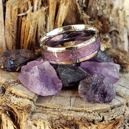 Serenity Ring - Amethyst Crystal Inlay, Tungsten Titanium Ceramic, Men Women, Wedding Ring, His Hers Promise, Engagement Ring 8mm 6mm