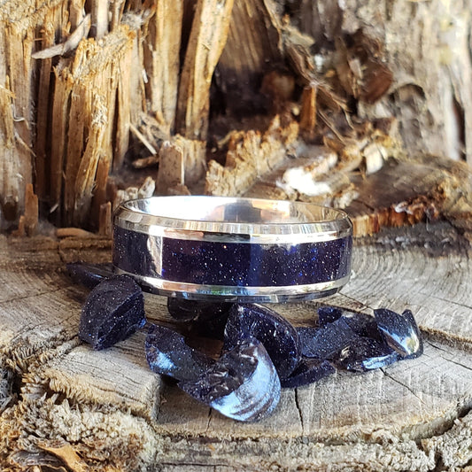 Nebula Ring - Blue Goldstone Crystal Inlay, Tungsten Titanium Ceramic, Men Women, Wedding Ring, His Hers Promise, Engagement Ring 8mm 6mm