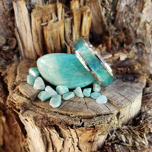 Amazon Ring - Amazonite Crystal Inlay, Tungsten Titanium Ceramic, Men Women, Wedding Ring, His Hers Promise, Engagement Ring 8mm 6mm